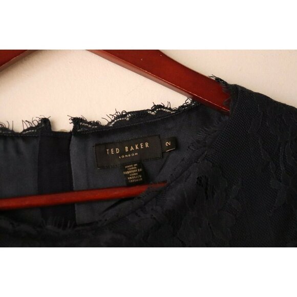 Ted Baker Women's Size 2 US 4/6 Small Navy Blue Dress 3/4 Sleeve Sheer Lace Mini - Picture 2 of 5